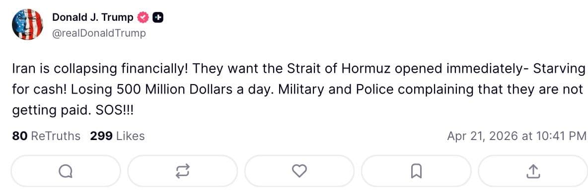 @Open Source Intel: U.S. President Donald Trump:
"Iran is collapsing financially! They want the Strait of Hormuz opened immediately- Starving for cash! Losing 500 Million Dollars a day. Military and Police complaining t