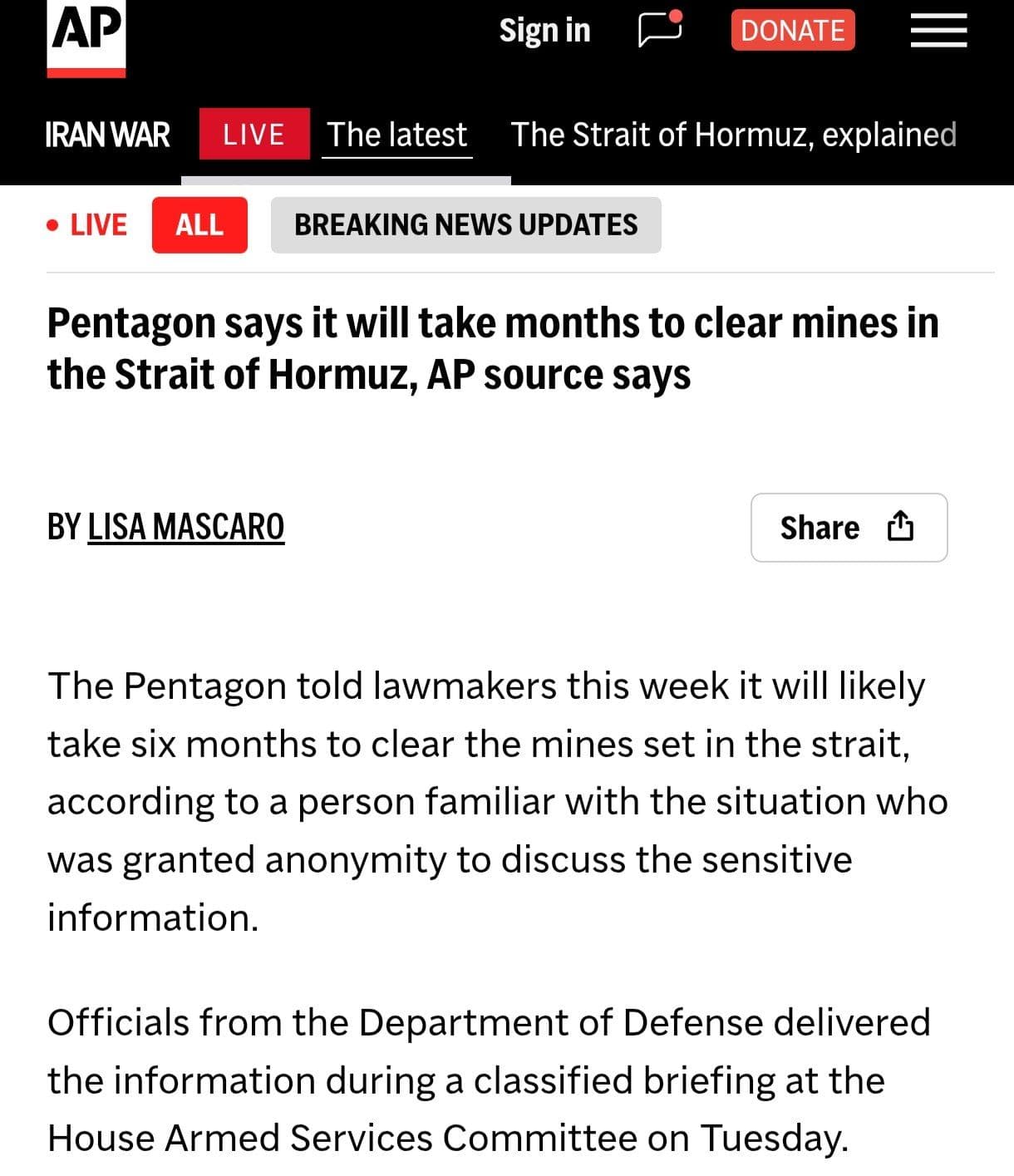 @🇮🇷LiveIranNews🇮🇱: ⚡🇺🇸Pentagon: Clearing Hormuz Strait Mines May Take 6 Months / The Associated Press reported that the U.S. Department of Defense, in a briefing to American lawmakers, stated that the operation to cle