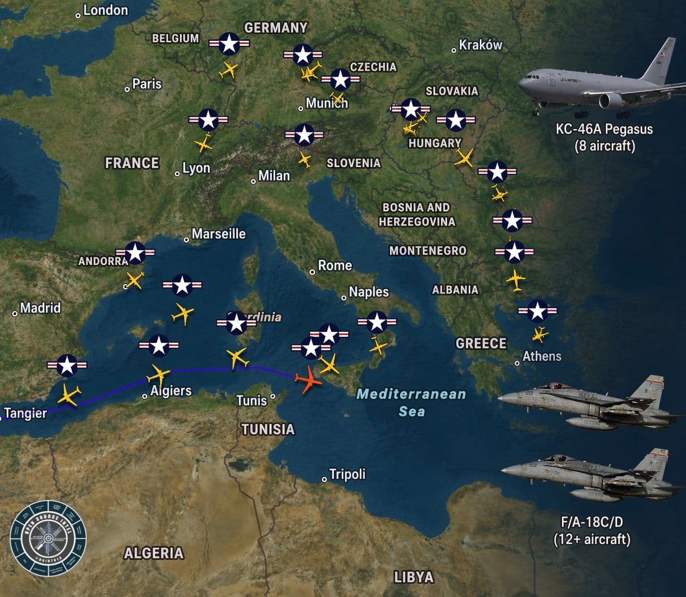 @Open Source Intel: BIG 🔴
At least 8 U.S. Air Force KC-46A tankers using the callsign “ADOBE” are heading to the Middle East via the Mediterranean, supporting the deployment of at least 12 X F-18 jets into CENTCOM.