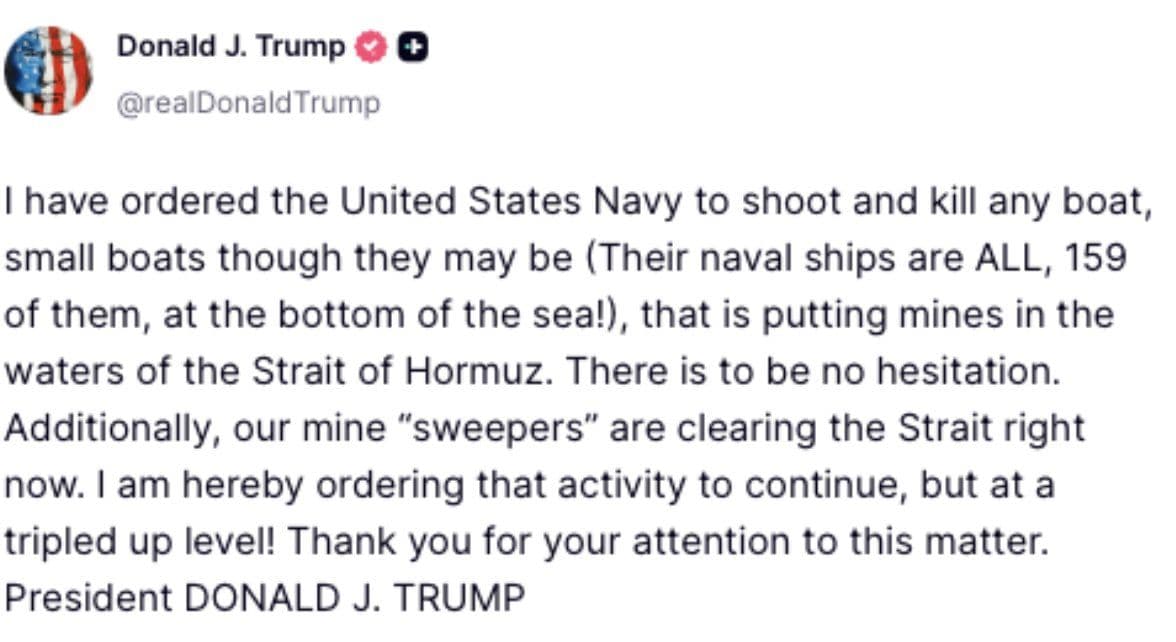 @WarMonitor🇺🇦🇬🇧: Trump orders the US navy to shoot and destroy any Iranian small boat that is mining the strait of Hormuz.