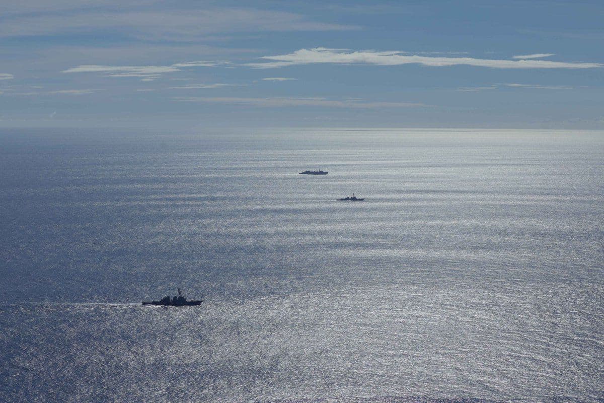 @U.S. Central Command: Ships with the George H.W. Bush Carrier Strike Group sail in the Indian Ocean, April 23.