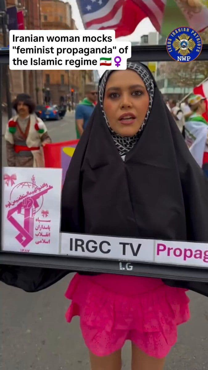 @Visegrád 24: An Iranian woman mocks the hypocrisy of the "feminist propaganda" of the Islamic regime by wearing a hijab and a TV frame saying IRGC TV propaganda.
Recently, there were massive women-only rallies i