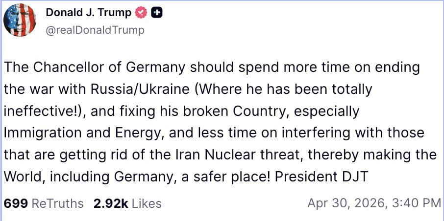 @Visegrád 24: Trump:
"The Chancellor of Germany should spend more time on ending the war with Russia/Ukraine (Where he has been totally ineffective!), and fixing his broken Country, especially Immigration and Ener