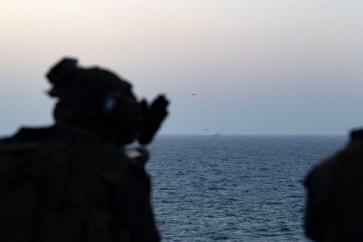 @U.S. Central Command: U.S. Marines aboard USS New Orleans (LPD 18) stand watch in the Arabian Sea during naval blockade operations against Iran. As of today, 44 commercial vessels have been directed to turn around or retur