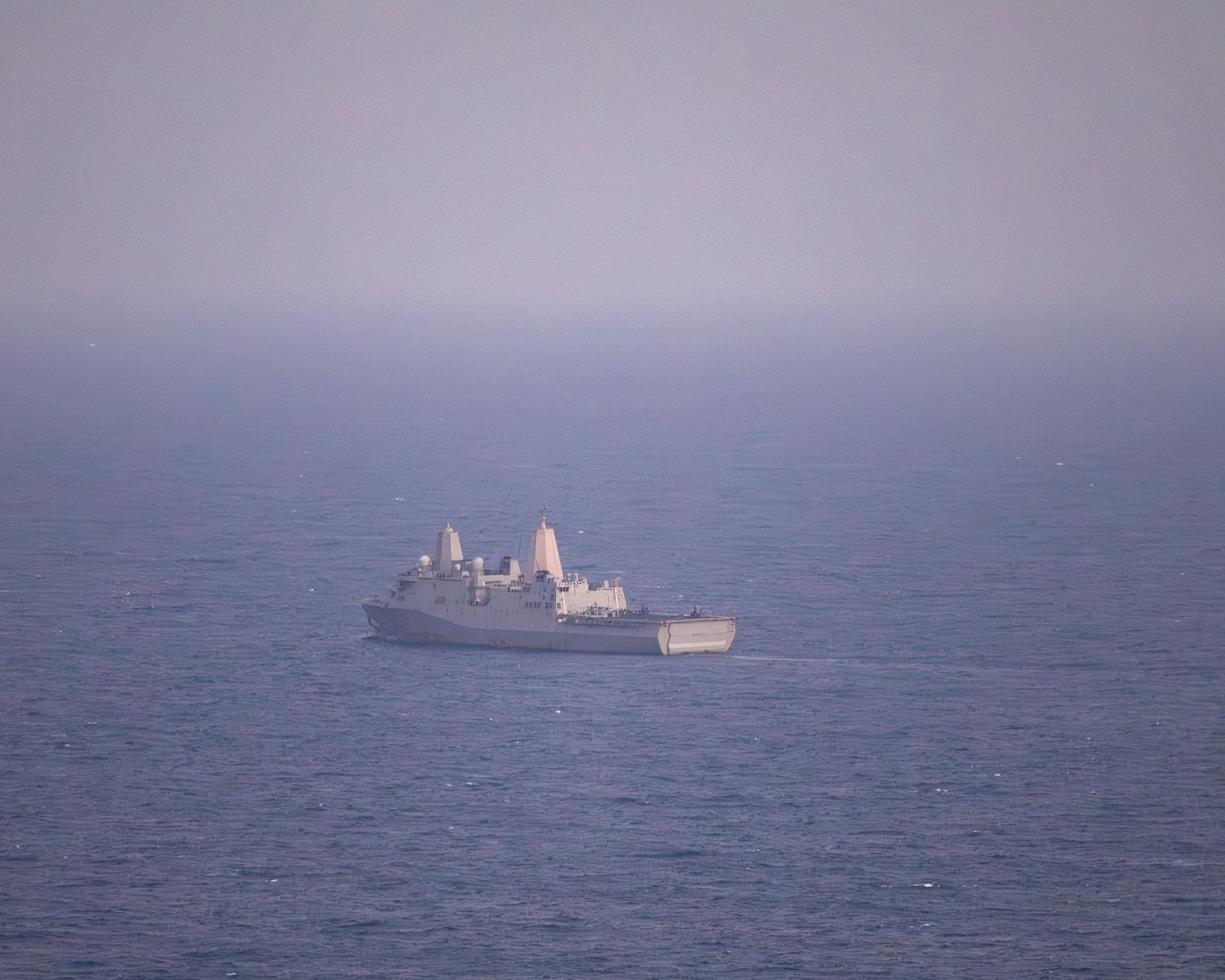 @U.S. Central Command: USS New Orleans (LPD 18) sails in the Arabian Sea during the U.S. blockade of Iranian ports, April 28. Over the past 20 days, 48 vessels have been redirected to ensure compliance with the blockade.