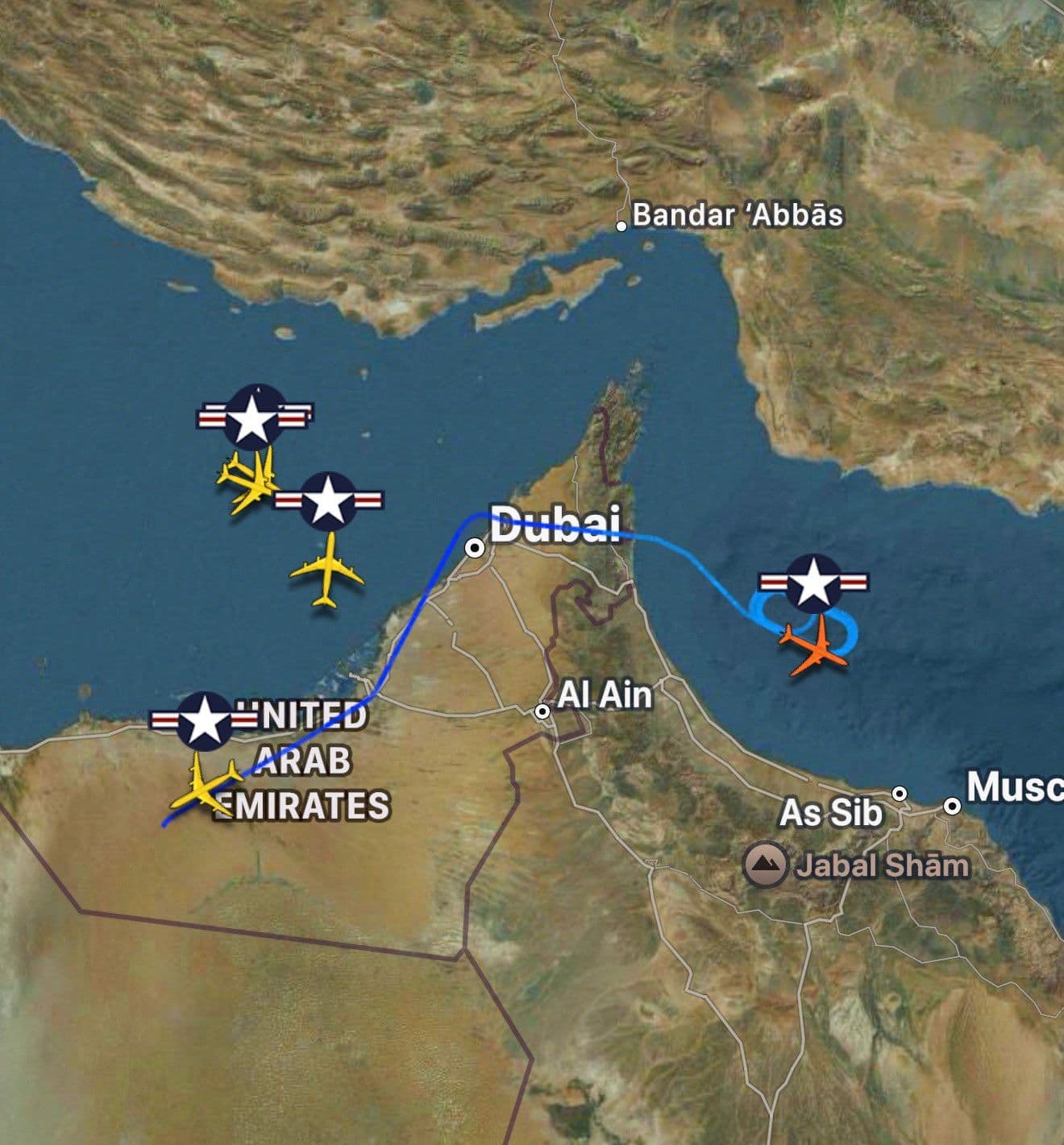 @Open Source Intel: Fighter jets are likely patrolling the Strait of Hormuz.
5 USAF refueling tankers are operating over the Persian Gulf amid reports of new rules of engagement authorizing strikes on hostile threats.