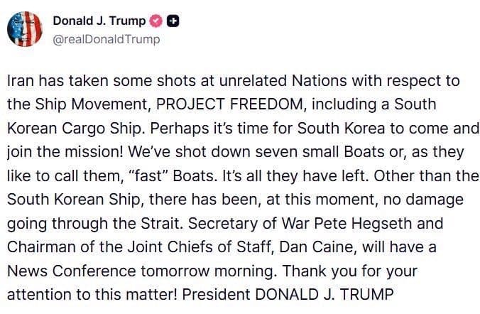 @Open Source Intel: President Trump: "Iran has taken some shots at unrelated Nations with respect to the Ship Movement, PROJECT FREEDOM, including a South Korean Cargo Ship. Perhaps it’s time for South Korea to come and