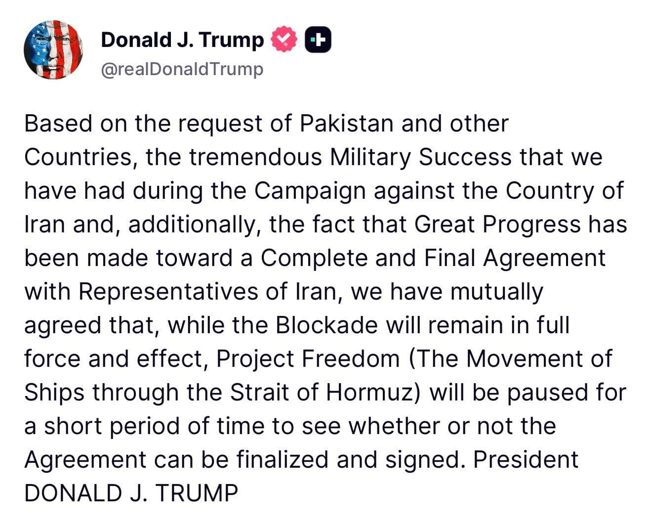 @Open Source Intel: President Trump: Based on the request of Pakistan and other Countries, the tremendous Military Success that we have had during the Campaign against the Country of Iran and, additionally, the fact that