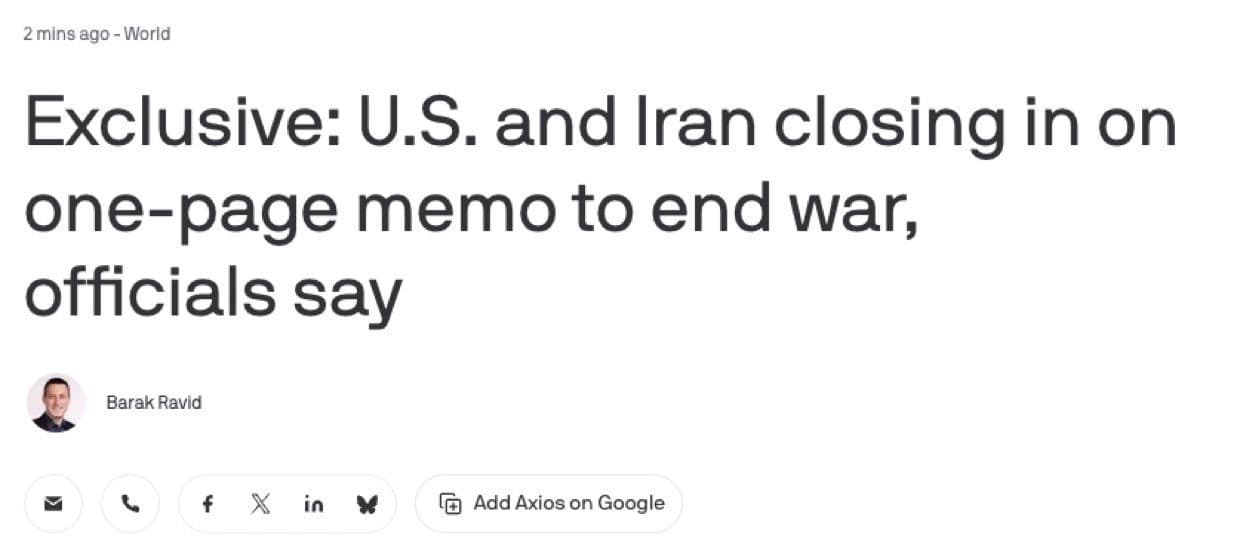 @Visegrád 24: Axios writes that the U.S. and Iran close to signing a 1-page memo with 14 points to end the war and open a 30-day negotiation window.
The document has a moratorium on Iranian enrichment, gradual sa