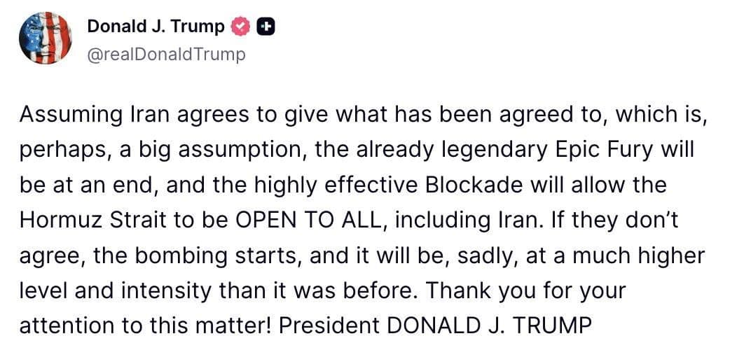 @Open Source Intel: Trump:
Assuming Iran agrees to give what has been agreed to, which is, perhaps, a big assumption, the already legendary Epic Fury will be at an end, and the highly effective Blockade will allow the H