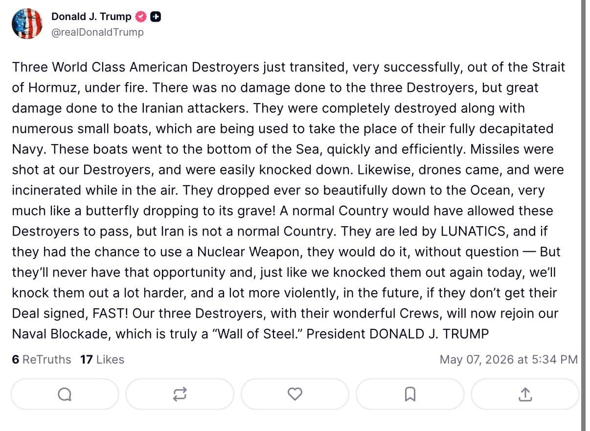 @Open Source Intel: BREAKING: 🔴
U.S. President Donald Trump: "Three World Class American Destroyers just transited, very successfully, out of the Strait of Hormuz, under fire. There was no damage done to the three Dest