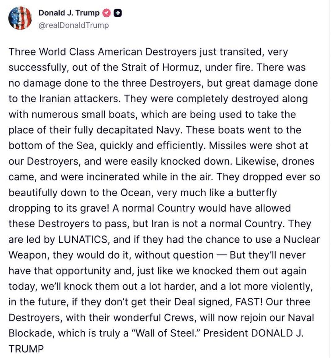 @Visegrád 24: Trump describes what happened today when the Islamic regime in Iran fired everything they had at 3 U.S. destroyers in the Strait of Hormuz