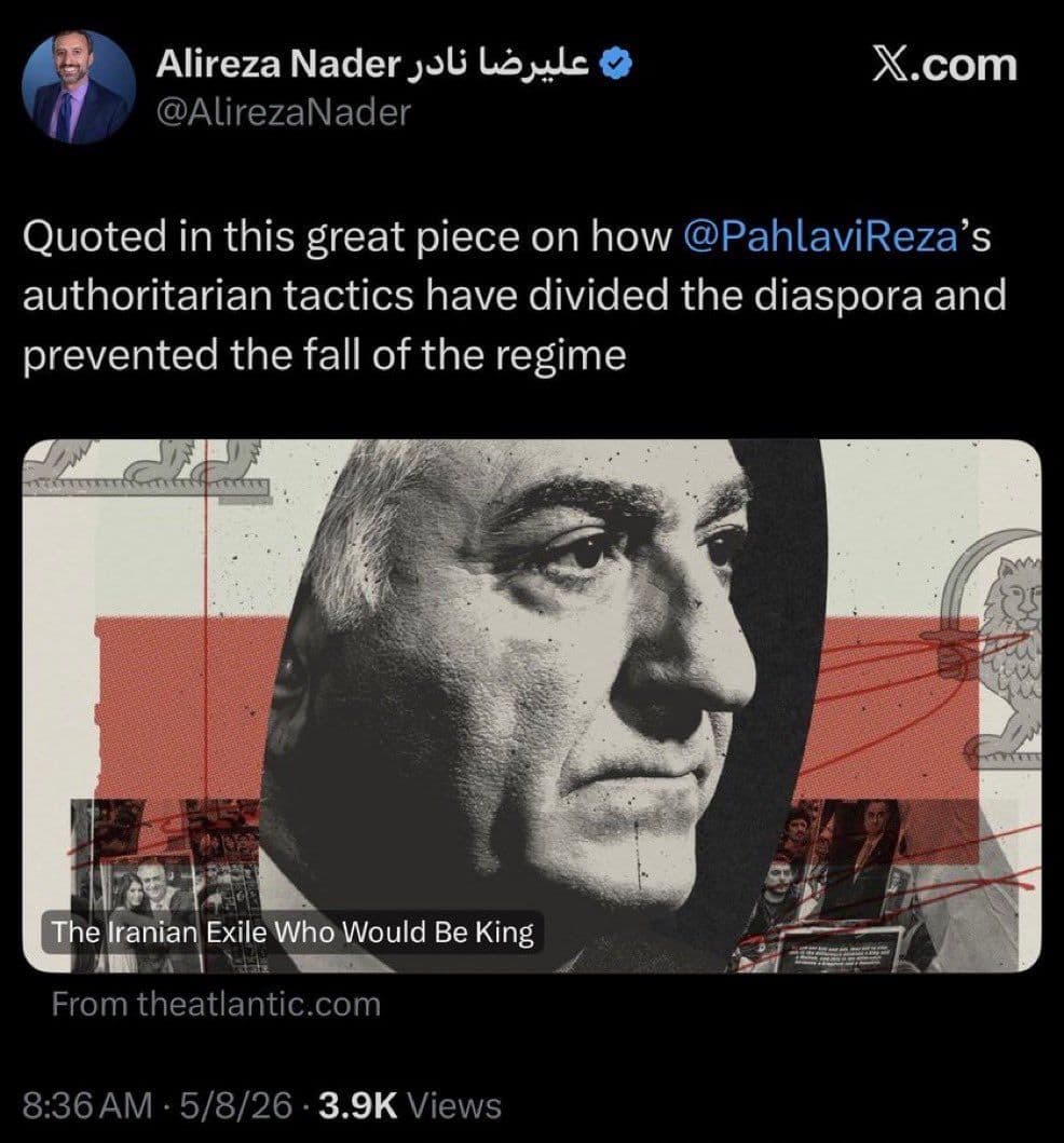@𝐍𝐢𝐨𝐡 𝐁𝐞𝐫𝐠 🇮🇷 ✡︎: To @AlirezaNader,
This is delusional bullshit. It's also the most NIAC/Trita Parsi coded nonsense I have ever read.
I can tell you've never spent much time in Iran. It's blatantly obvious. You prof