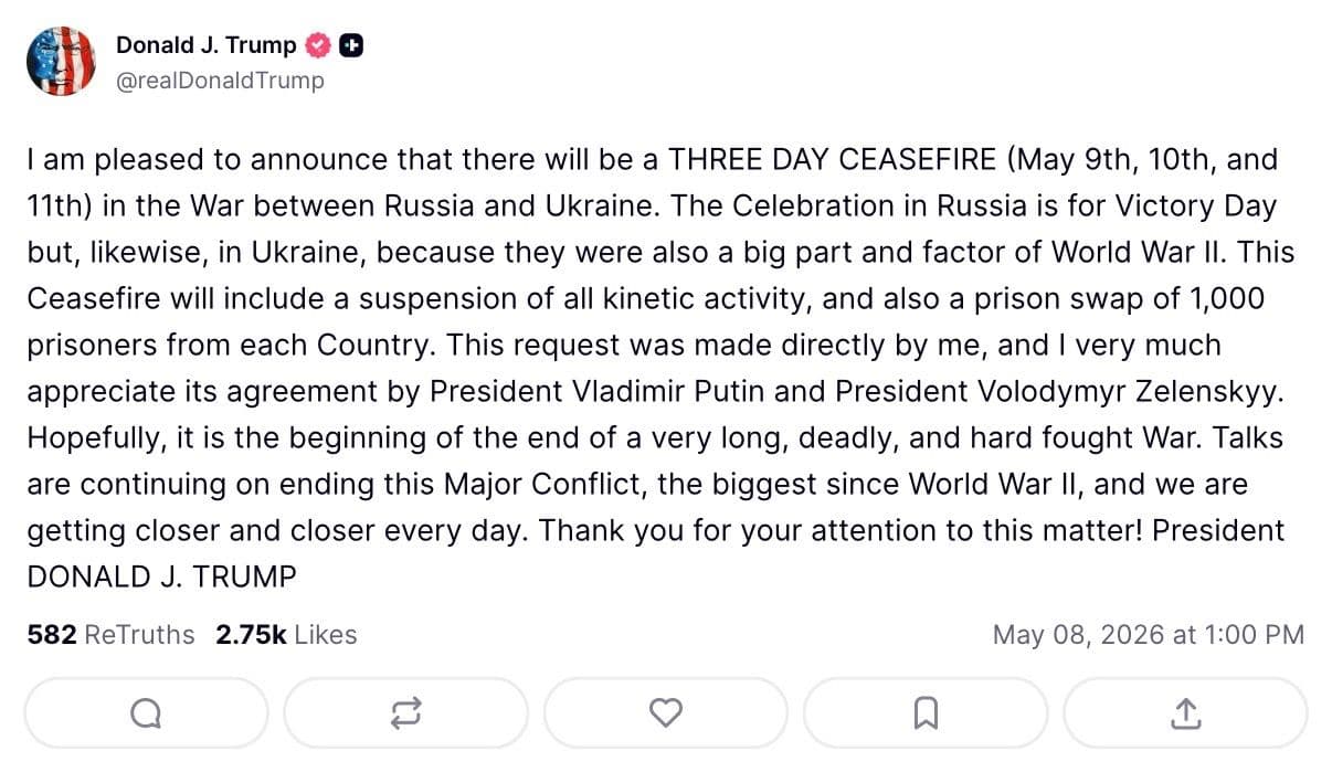 @Open Source Intel: U.S. President Donald Trump:
"I am pleased to announce that there will be a THREE DAY CEASEFIRE (May 9th, 10th, and 11th) in the War between Russia and Ukraine. The Celebration in Russia is for Victo