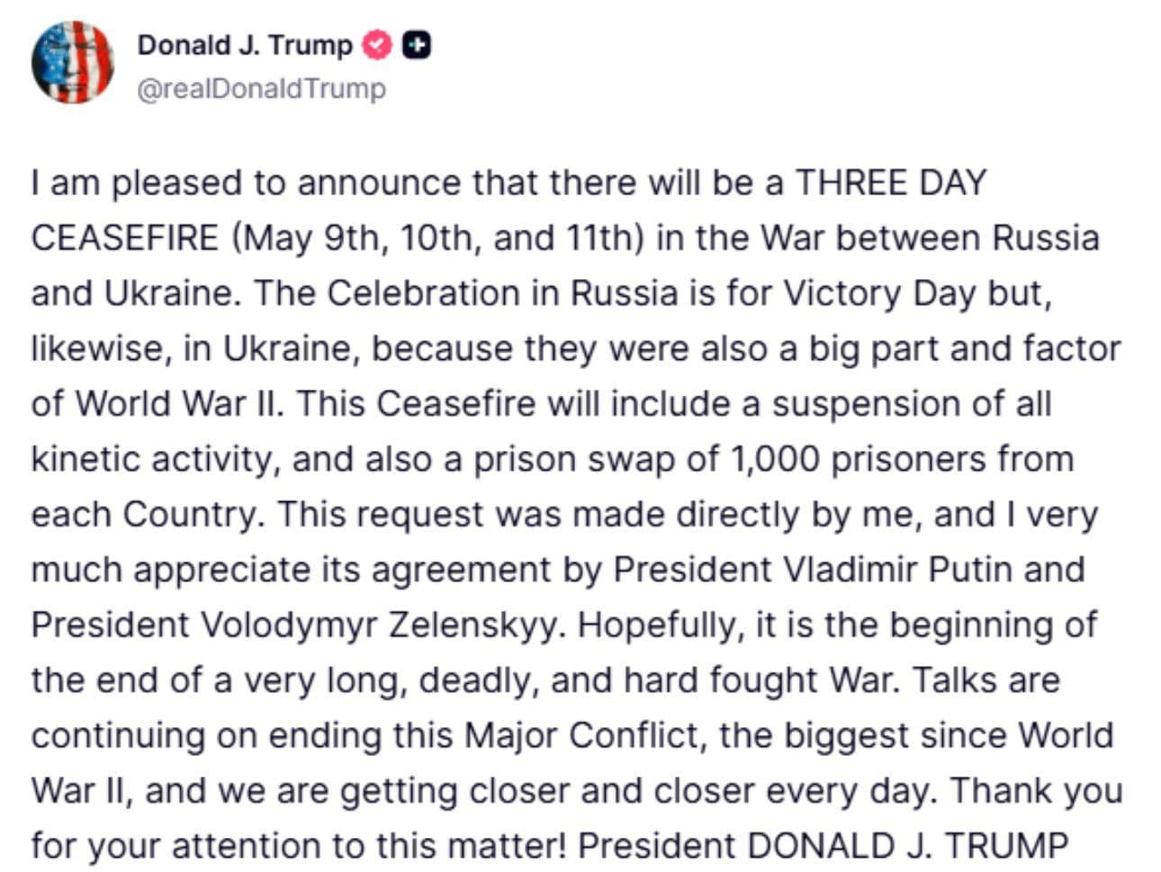 @Visegrád 24: Trump announces a 3-day ceasefire in Ukraine starting at midnight.
Zelensky confirms that he has agreed to the ceasefire and that Ukraine prioritizes the return of 1000 of its soldiers.