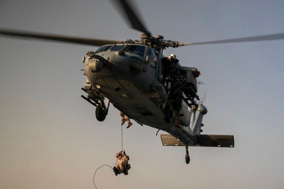 @Open Source Intel: U.S. Central Command (CENTCOM):
"U.S. Marines rappel from an MH-60S Sea Hawk while training on the flight deck of USS Tripoli (LHA 7), May 8. This training ensures Marines remain ready, should they b