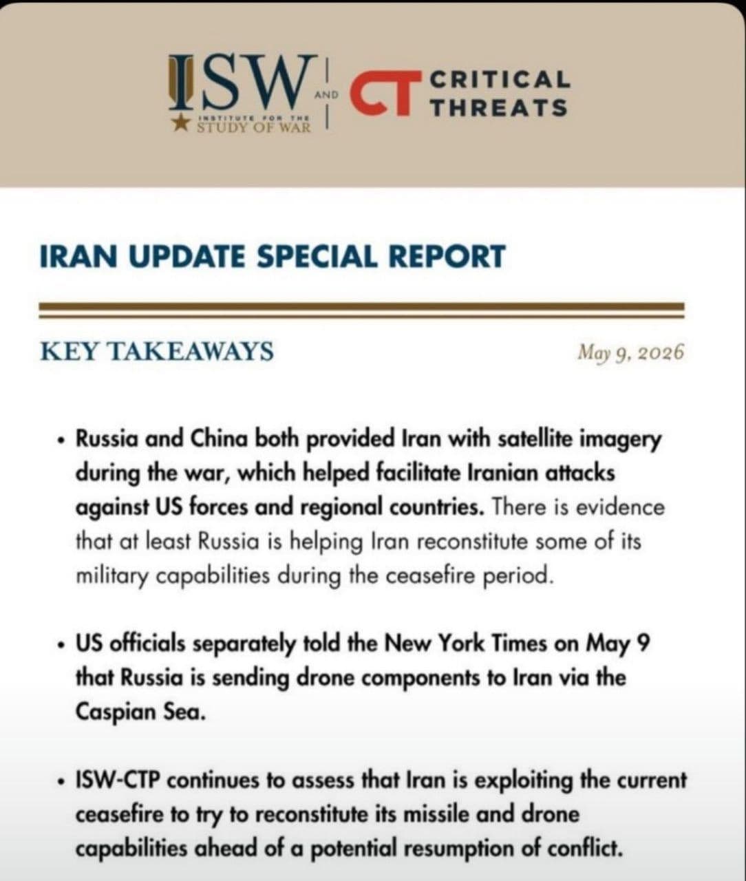 @Eli Afriat 🇮🇱: 🚨🇺🇸🇮🇷Private US military, security and geopolitics research institute:
Russia and China provided Iran with satellite imagery during the war — and aided in attacks against US forces.