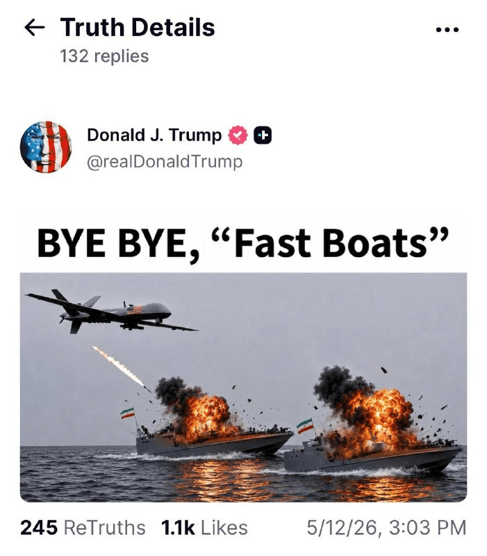 @Eli Afriat 🇮🇱: Amid the possibility of renewing "Operation Freedom" in the Strait of Hormuz, the American president posted a photo on his Truth account with images of Iranian naval ships on fire - and the caption: "