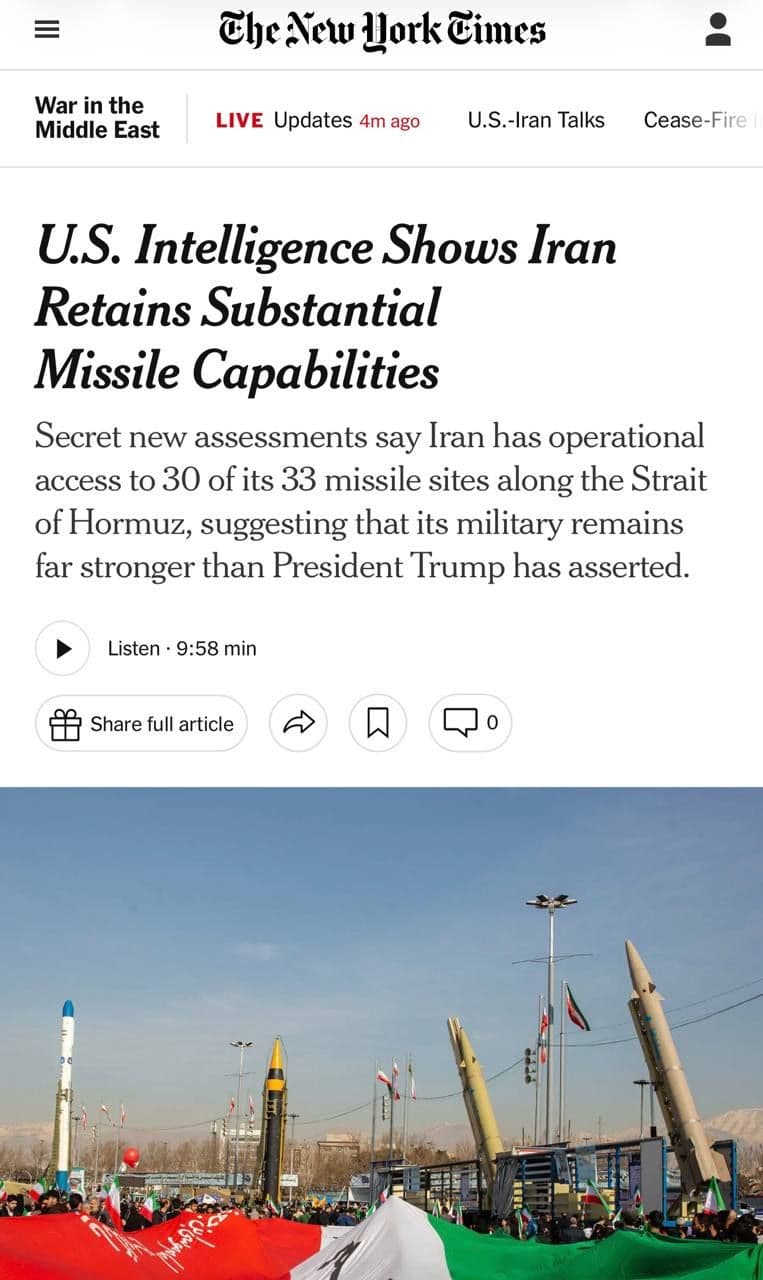 @Eli Afriat 🇮🇱: The New York Times reports classified intelligence assessments from earlier this month that show Iran has regained access to most of its missile sites, launchers and underground facilities.
U.S. int