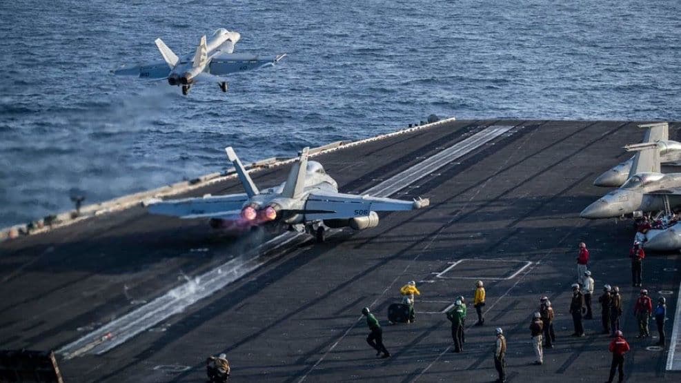 @Open Source Intel: U.S. Central Command (CENTCOM):
"F/A-18 Super Hornets and EA-18G Growlers launch from the flight deck of USS Abraham Lincoln (CVN 72) as it transits the Arabian Sea, May 9."