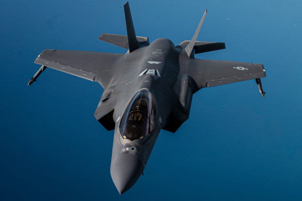 @U.S. Central Command: A U.S. Air Force F-35A stealth fighter jet patrols over regional waters near the Strait of Hormuz. The F-35A can carry up to 18,000 pounds of ordnance while still flying at supersonic speeds.