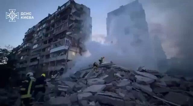@Open Source Intel: Kyiv: Firefighters pull civilians from a collapsed apartment block after a Russian missile strike this morning.