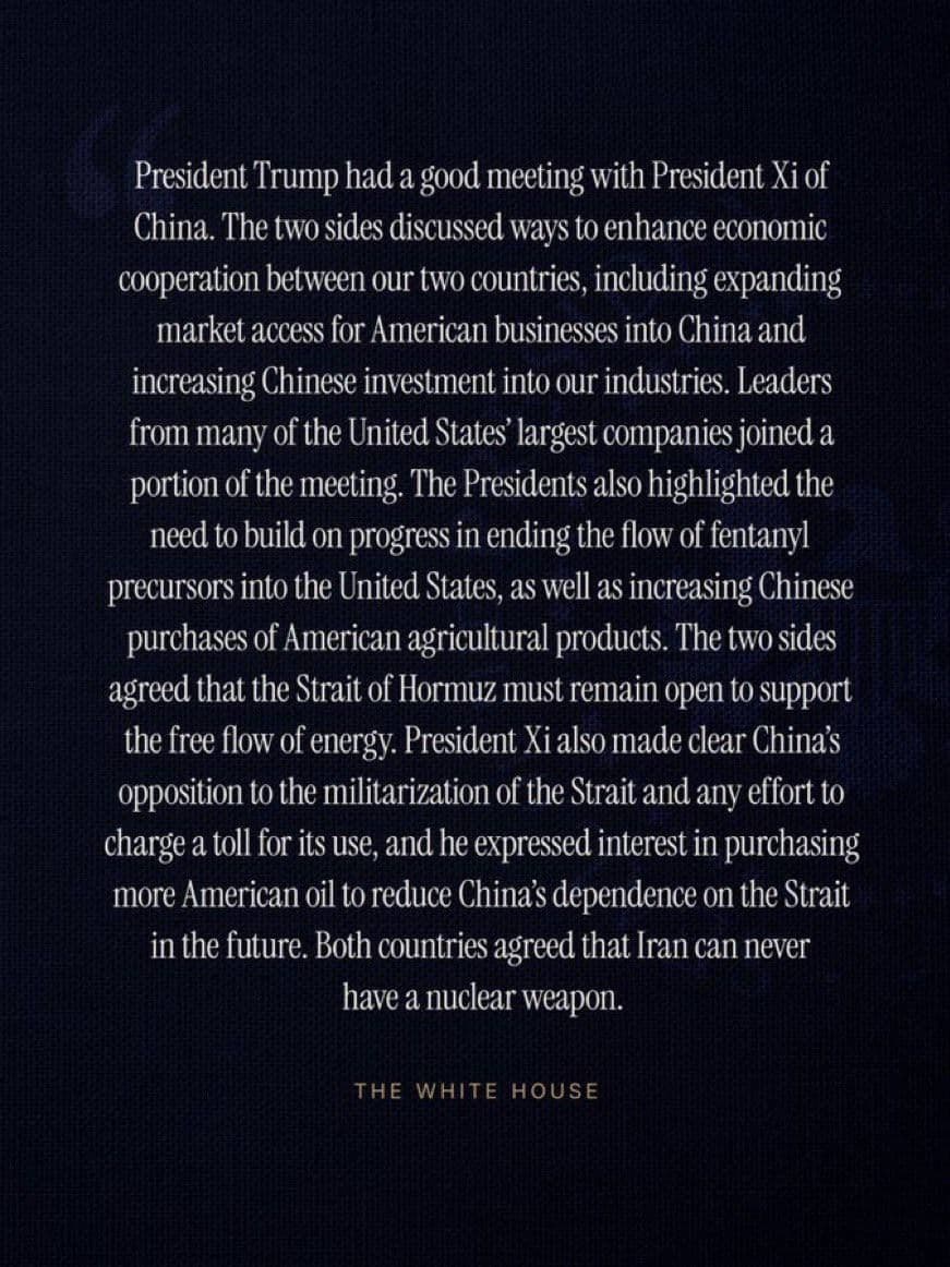 @✡︎𝐋𝐢𝐯𝐞𝐈𝐫𝐚𝐧𝐍𝐞𝐰𝐬🇮🇷🇮🇱: ⚡🇺🇸🇨🇳🦀کاخ سفید پس از مذاکرات دوجانبه آمریکا و چین در پکن اعلام کرد دو هیئت درباره مجموعهای از مسائل کلیدی از جمله دسترسی به بازار چین، سرمایهگذاری چین در صنایع آمریکا، مقابله با مواد مخدر بهوی
