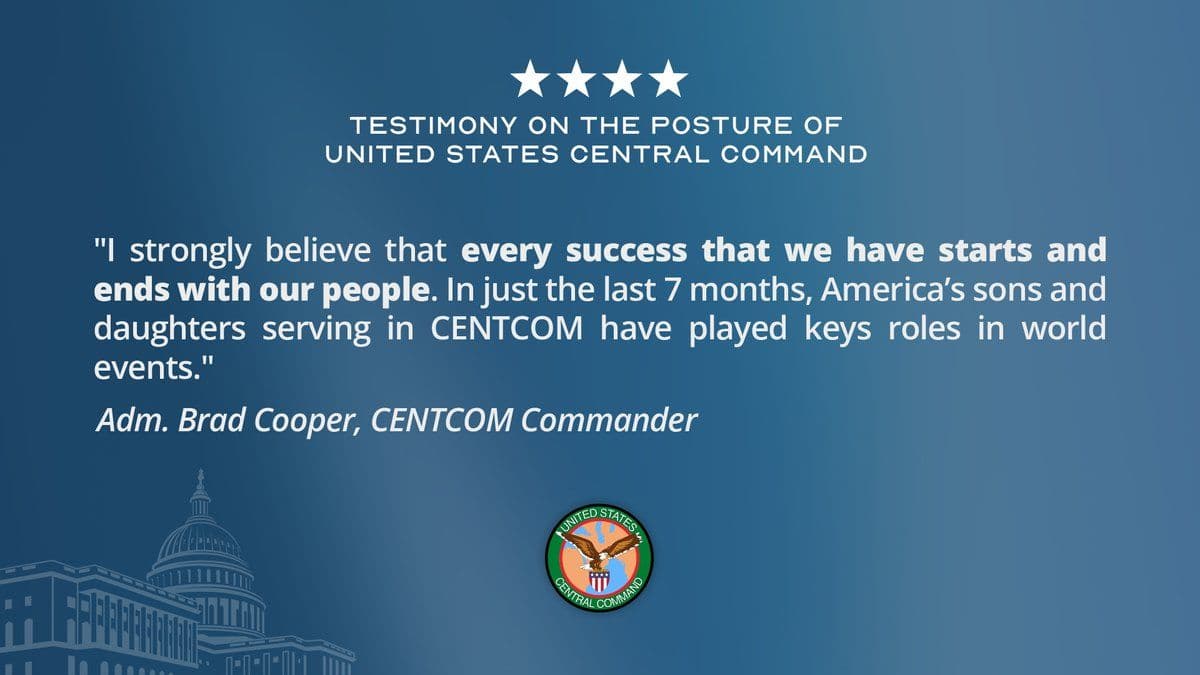 @U.S. Central Command: Adm. Brad Cooper is delivering testimony on CENTCOM’s posture to the U.S. Senate Committee on Armed Services.