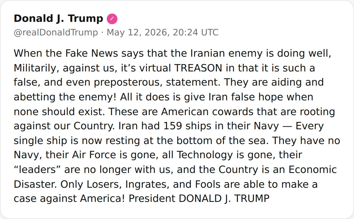 @Shin: President Trump @POTUS:
"When the Fake News says that the Iranian enemy is doing well, Militarily, against us, it’s virtual TREASON in that it is such a false, and even preposterous, statement. They a