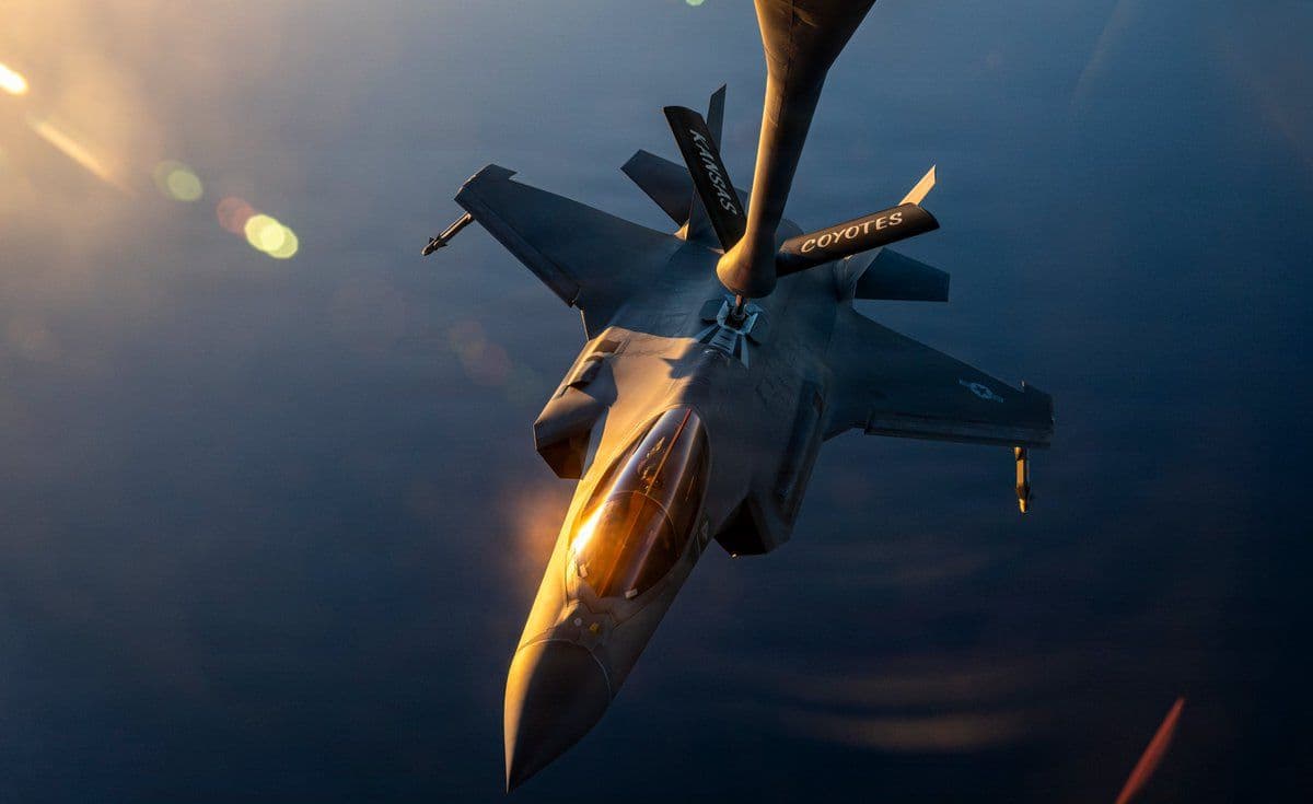 @Open Source Intel: CENTCOM: An F-35 stealth fighter is refueled during a routine patrol over regional waters in the Middle East.