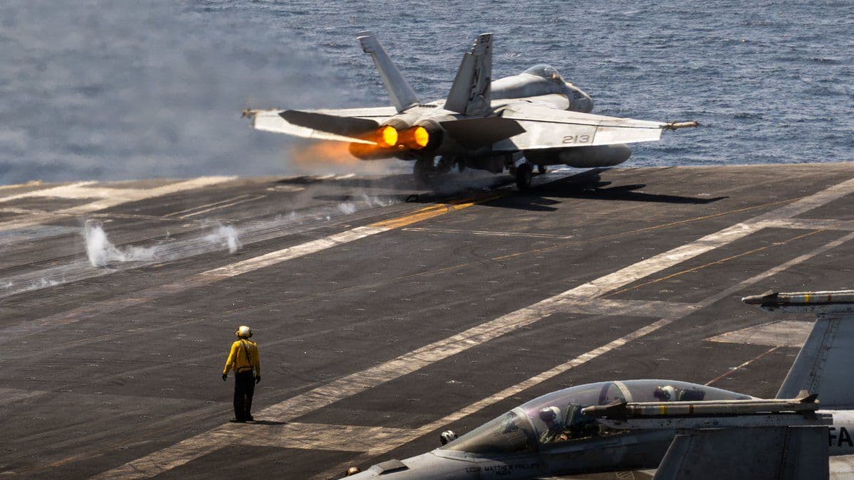 @U.S. Central Command: U.S. Navy fighter jets launch from aircraft carrier USS Abraham Lincoln (CVN 72) in the Arabian Sea. The Abraham Lincoln Carrier Strike Group is maintaining peak readiness while enforcing the U.S. blo