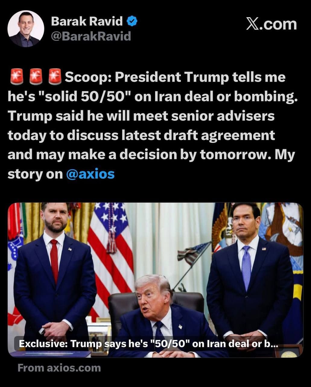@✡︎𝐋𝐢𝐯𝐞𝐈𝐫𝐚𝐧𝐍𝐞𝐰𝐬🇮🇷🇮🇱: ⚡🇺🇸🦀 President Trump announced that the likelihood of reaching an agreement with the terrorist regime of the Islamic Republic or bombing it is currently 'completely 50/50.' / He also said that toda