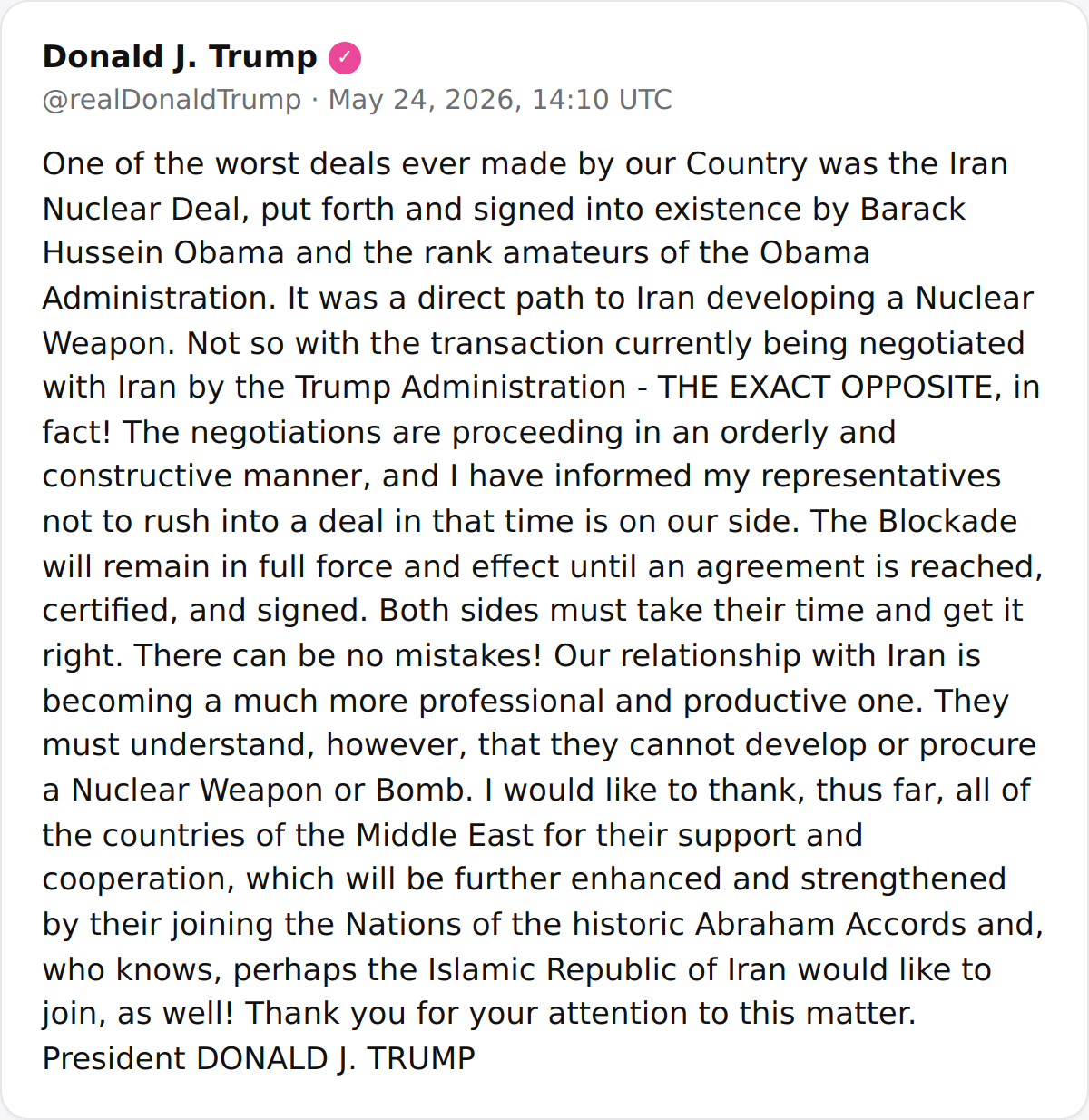 @Shin: President Trump @POTUS:
"One of the worst deals ever made by our Country was the Iran Nuclear Deal, put forth and signed into existence by Barack Hussein Obama and the rank amateurs of the Obama Admin
