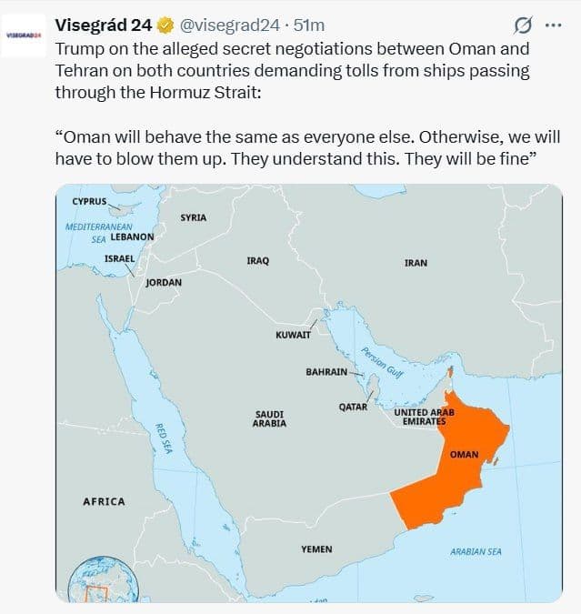 @✡︎𝐋𝐢𝐯𝐞𝐈𝐫𝐚𝐧𝐍𝐞𝐰𝐬🇮🇷🇮🇱: ⚡🇺🇸🇴🇲🦀President Trump warned in response to reports about secret negotiations between Oman and the terrorist regime of the Islamic Republic over collecting tolls from passing ships in the Strait