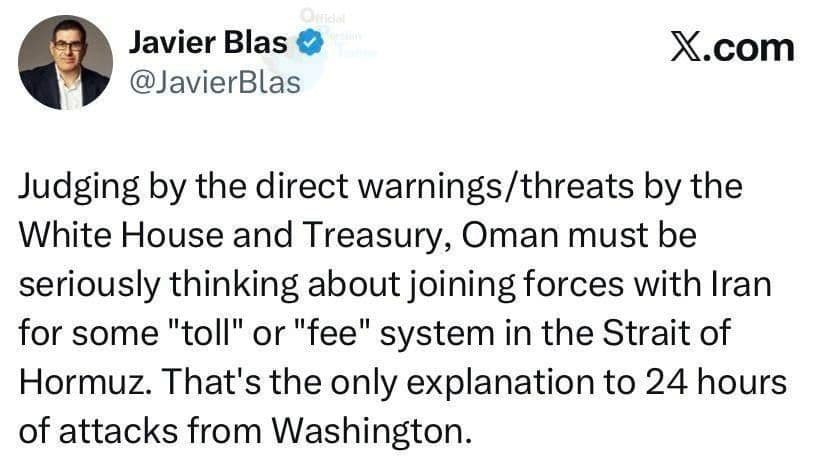 @✡︎𝐋𝐢𝐯𝐞𝐈𝐫𝐚𝐧𝐍𝐞𝐰𝐬🇮🇷🇮🇱: ⚡🇴🇲🇺🇸🦀بلومبرگ گزارش داد نشانهها حاکی از آن است که عمان احتمالاً بهطور جدی در حال بررسی همکاری با رژیم تروریستی جمهوری اسلامی برای اجرای نوعی سیستم «عوارض عبور» در تنگه هرمز است؛ موضوعی که پس از