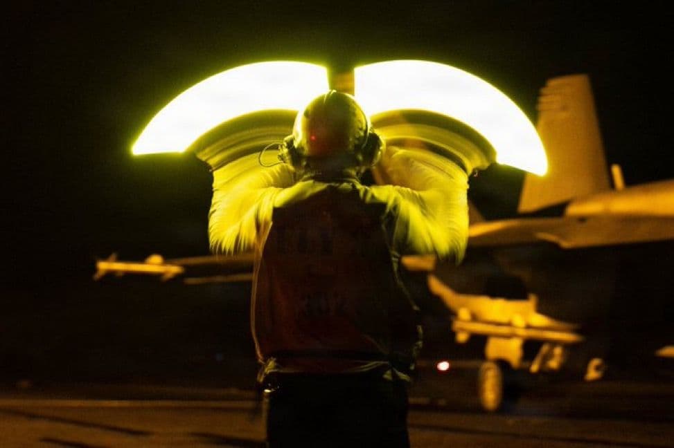 @Open Source Intel: U.S. Central Command (CENTCOM):
"U.S. Sailors conduct night flight operations aboard USS George H.W. Bush (CVN 77). At night, highly skilled pilots are able to land on a small deck that is both pitch