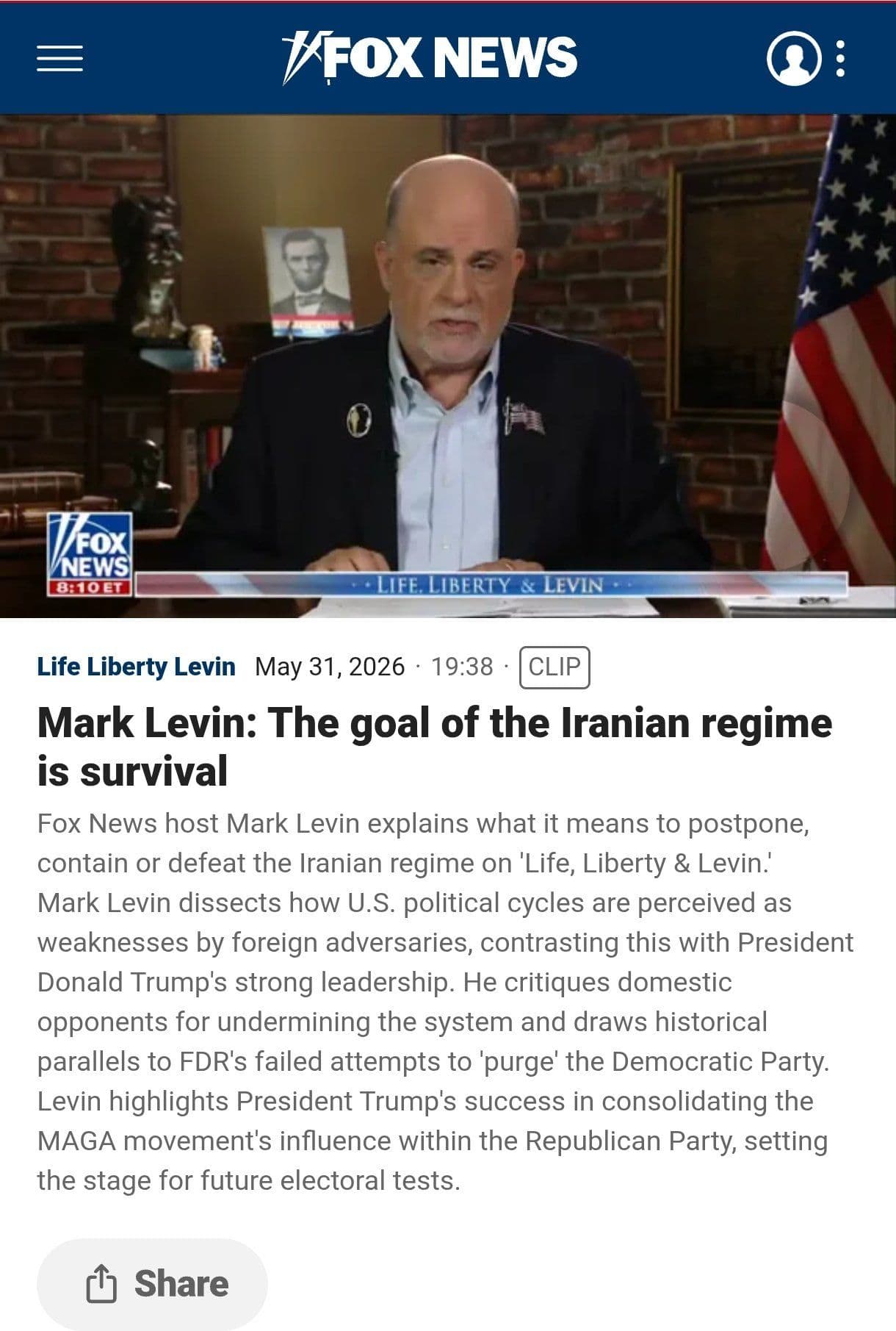 @✡︎𝐋𝐢𝐯𝐞𝐈𝐫𝐚𝐧𝐍𝐞𝐰𝐬🇮🇷🇮🇱: ⚡🇺🇸🦀مارک لوین روی فاکسنیوز حقیقتی را گفت که سالهاست میلیونها ایرانی فریاد میزنند: تنها هدف رژیم تروریستی جمهوری اسلامی زنده ماندن است.
نه صلح میخواهد، نه ثبات، نه همزیستی.
تمام موجودیت این رژی
