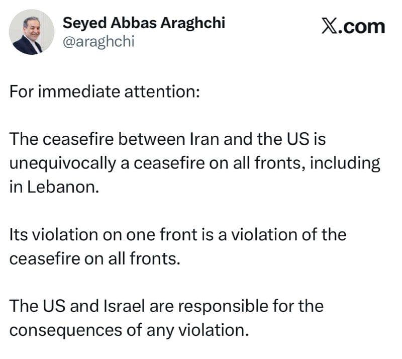 @Shin: State-owned Mehr News
Islamic Regime FM Araghchi: ceasefire violation on one front means violation on all fronts.
Claims US-Iran ceasefire covers all fronts including Lebanon. Says US and Israel res