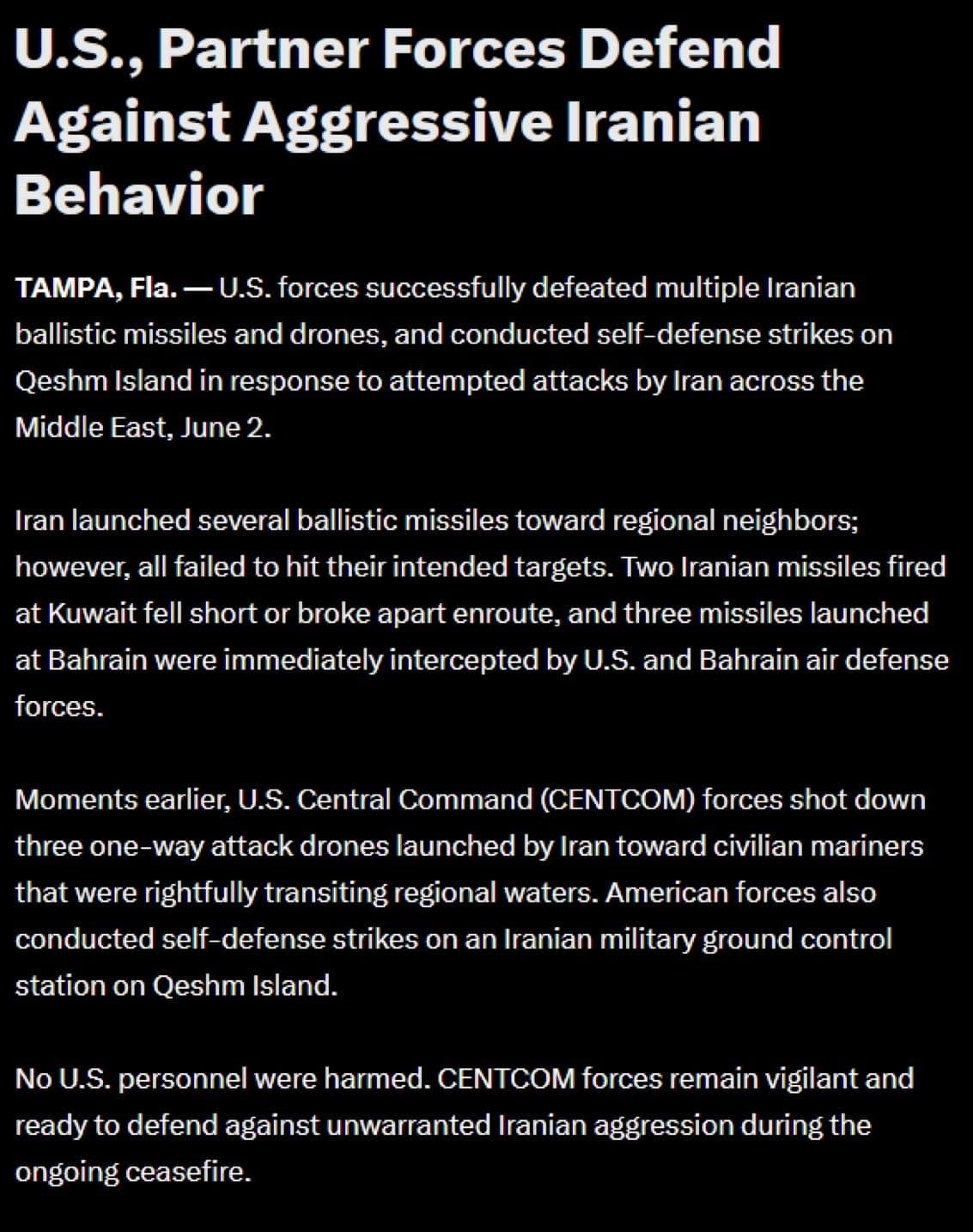 @Open Source Intel: CENTCOM informuje, że siły amerykańskie przeprowadziły ataki w celu samoobrony na wyspie Qeszm w Iranie, podczas gdy pociski skierowane w kierunku Kuwejtu i Bahrajnu nie dosięgły celów.
Przyczynkował się @AZ_Intel_.