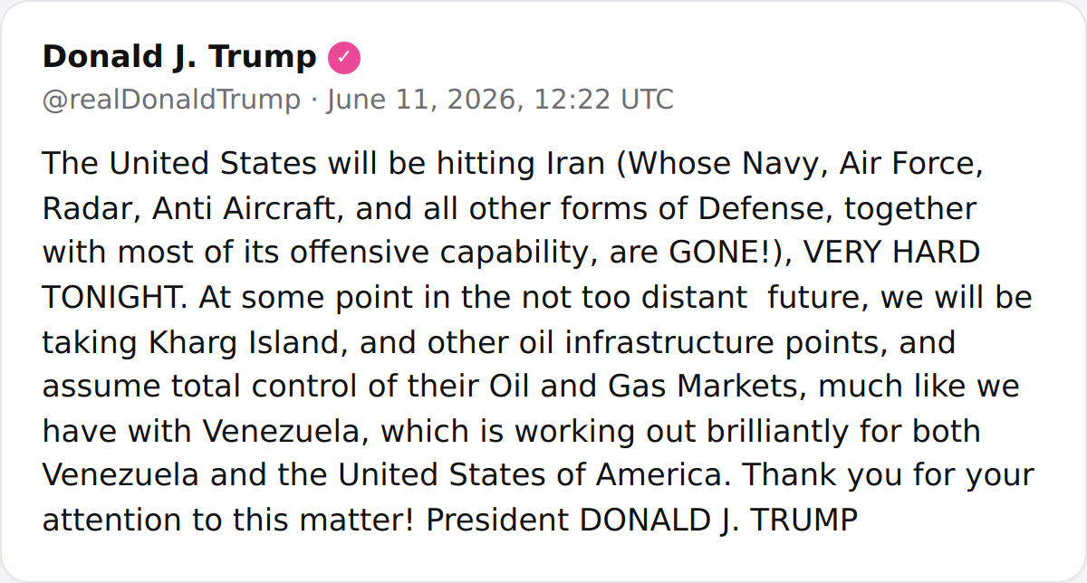 @Shin: POTUS:
"The United States will be hitting Iran (Whose Navy, Air Force, Radar, Anti Aircraft, and all other forms of Defense, together with most of its offensive capability, are GONE!), VERY HARD TONIG
