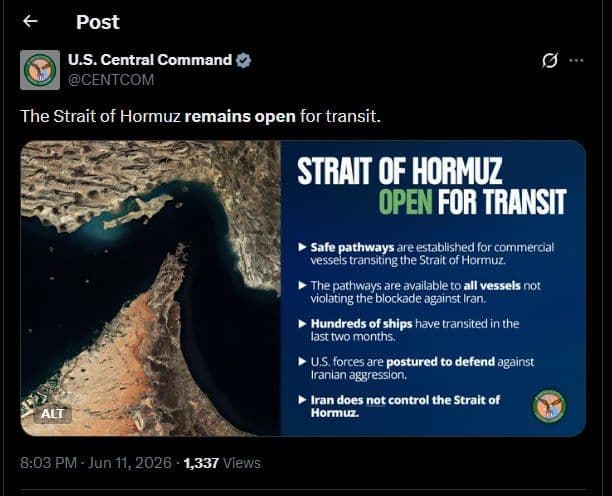 @✡︎𝐋𝐢𝐯𝐞𝐈𝐫𝐚𝐧𝐍𝐞𝐰𝐬🇮🇷🇮🇱: ⚡️🇺🇸🦀U.S. Central Command: Strait of Hormuz Open for Ship Passage/U.S. Central Command announced that the Strait of Hormuz remains open for commercial vessels to pass through, and the U.S. Navy has