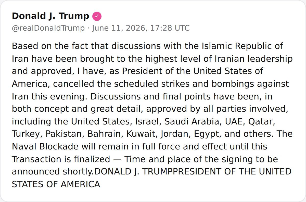 @Shin: POTUS:
"Based on the fact that discussions with the Islamic Republic of Iran have been brought to the highest level of Iranian leadership and approved, I have, as President of the United States of Ame