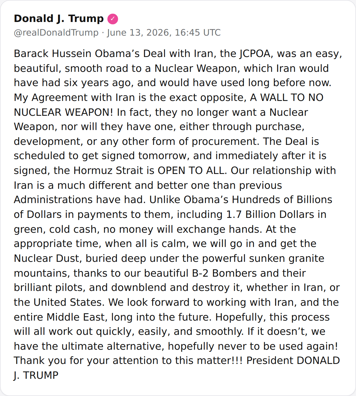 @Shin: PREZYDENT:
"Umowa OBAMA’a z Iranem, JCPOA, była łatwą, piękną i gładką drogą do broni jądrowej, którą Iran miałby posiadać sześć lat temu i użyłby dawno już. Moje Umow