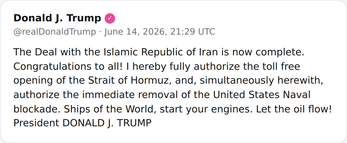 @Shin: POTUS:
"The Deal with the Islamic Republic of Iran is now complete. Congratulations to all! I hereby fully authorize the toll free opening of the Strait of Hormuz, and, simultaneously herewith, author