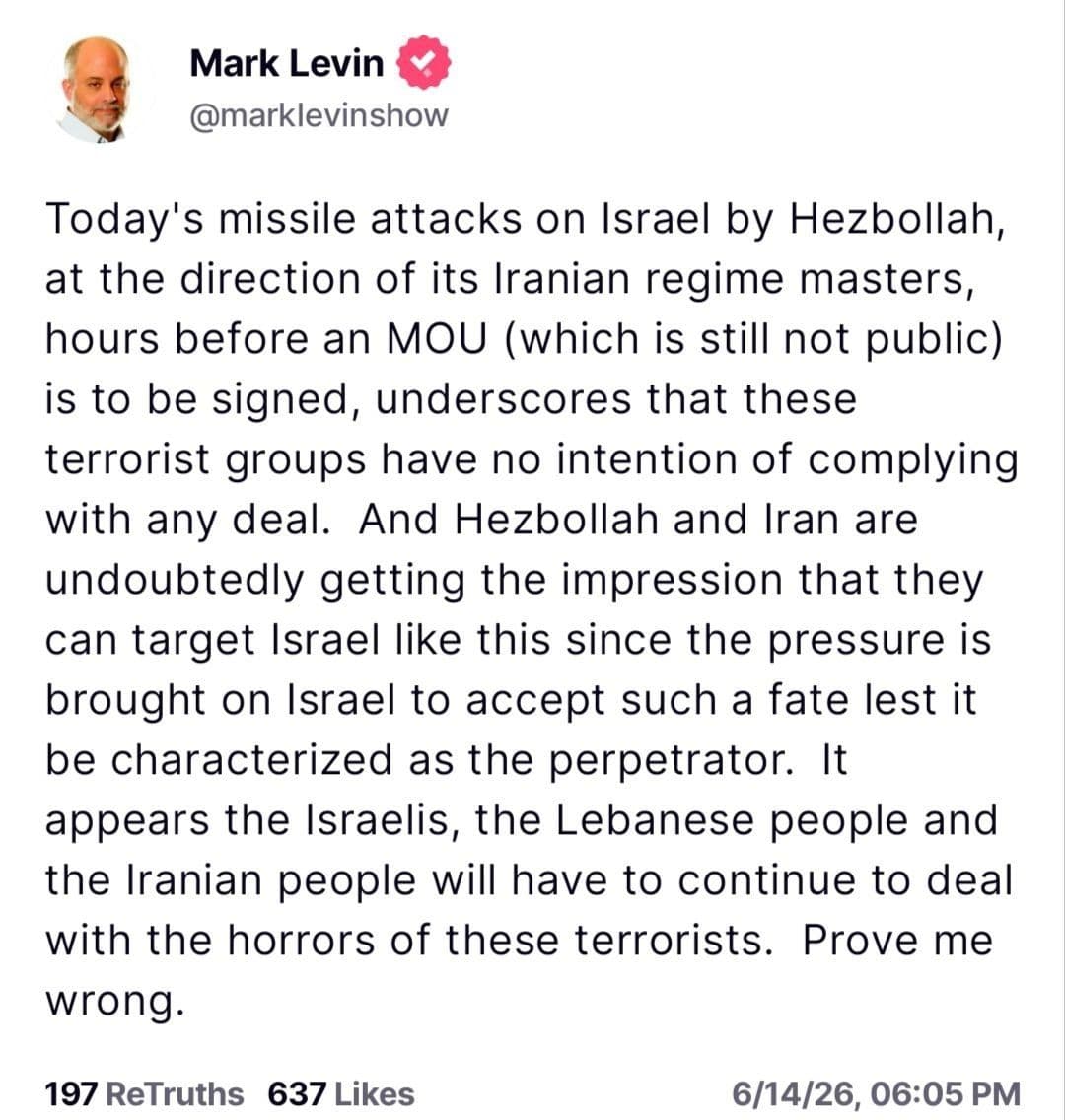 @✡︎𝐋𝐢𝐯𝐞𝐈𝐫𝐚𝐧𝐍𝐞𝐰𝐬🇮🇷🇮🇱: ⚡🇺🇸🇮🇱🦀مارک لوین: حملات حزبالله نشان میدهد این گروهها قصد پایبندی به هیچ توافقی را ندارند/مارک لوین، مجری سرشناس آمریکایی، تحلیلگر محافظهکار و از چهرههای بانفوذ نزدیک به جریان حامی پرزیدنت تر