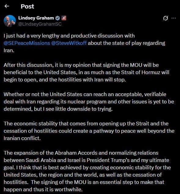 @✡︎𝐋𝐢𝐯𝐞𝐈𝐫𝐚𝐧𝐍𝐞𝐰𝐬🇮🇷🇮🇱: ⚡🇺🇸🦀Senior Republican Senator Lindsey Graham: Signing the memorandum of understanding is in the interest of the United States, just as reopening the Strait of Hormuz and stopping hostilities with t