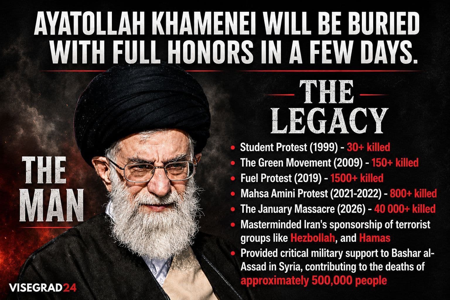 @Visegrád 24: The Islamic regime in Iran has announced that Ayatollah Khamenei will be buried in the next few days.
They won’t be burying just a man, but the chief architect of 36 years of systematic oppression.