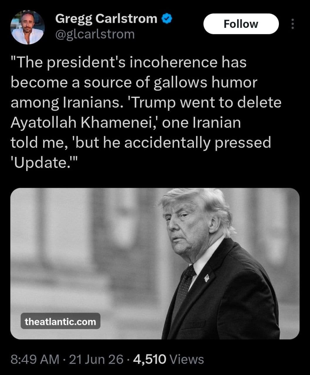 @✡︎𝐋𝐢𝐯𝐞𝐈𝐫𝐚𝐧𝐍𝐞𝐰𝐬🇮🇷🇮🇱: ⚡🇺🇸 Karlstrom, senior reporter at The Economist: The unexpected statements and decisions of President Trump have become a subject of humor among some Iranians. He quoted one Iranian citizen saying: