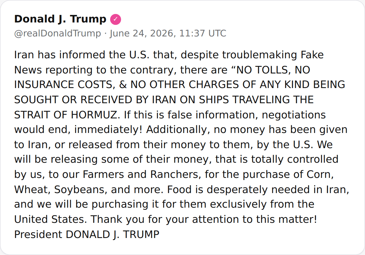 @Shin: POTUS:
"Iran has informed the U.S. that, despite troublemaking Fake News reporting to the contrary, there are “NO TOLLS, NO INSURANCE COSTS, & NO OTHER CHARGES OF ANY KIND BEING SOUGHT OR RECEIVED BY