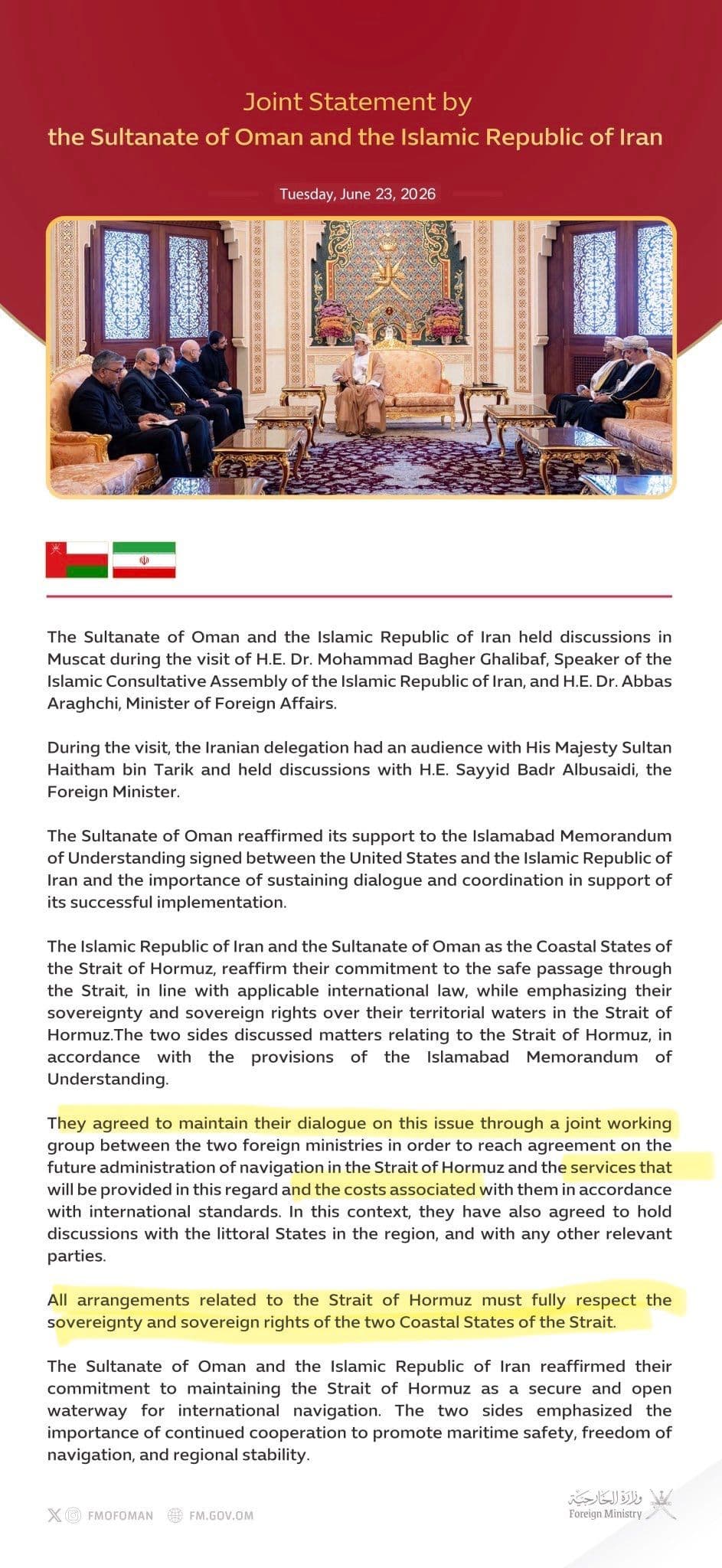 @Open Source Intel: This was the joint statement from Iran and Oman yesterday: The statement discusses administration and “services and costs” for the Hormuz.
“A working group will reach agreement on the future adminis